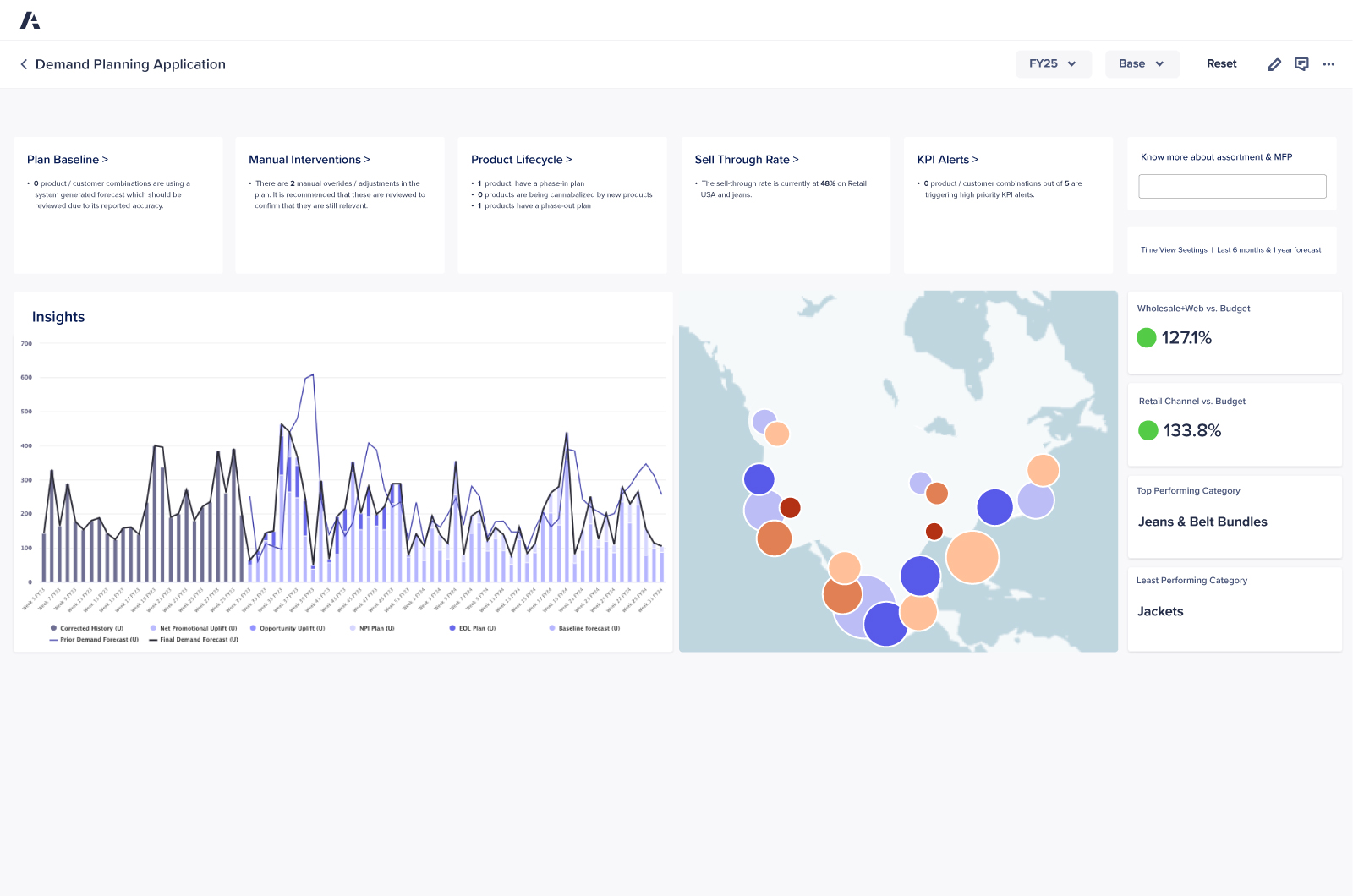 Application Detail Demand Planning Product Visual Anaplan Demand Planning Application dashboard displaying data insights. Includes graphs, a geographic data visualization, and key performance indicators for wholesale, retail, and product performance.