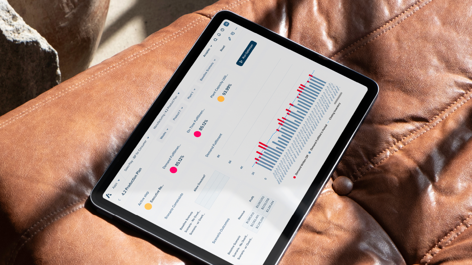 Ending CTA Tablet Production Plan An iPad displaying a dashboard rests on a stylish leather chair, showcasing a blend of technology and elegance.